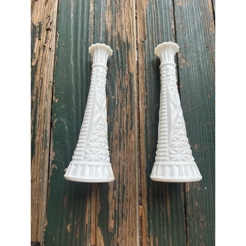 Vintage White Milk Glass Bud Vases Set of 2 Embossed Star Pattern 9.5 Inch